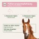 Eine Nahaufnahme eines braunen Pferdes mit langer Mähne, neben Text in Deutsch und Englisch über Fütterungsanweisungen für Pferde und Ponys.