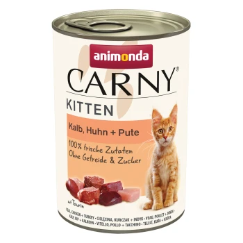 Dosenkatzenfutter "animonda CARNY KITTEN" mit Kalbfleisch, Huhn, Pute, einem Bild eines orangefarbenen Kätzchens und "100% frische Zutaten Ohne Getreide & Zucker."