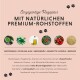 Rosa Hintergrund mit einem einzigartigen Rezept aus natürlichen Superfoods: Gerstengras, Spirulina, Sardinenöl, Hagebutte, Acerola und Bierhefe.