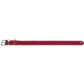 Roter Lederhundehalsband mit weißen Nähten und einer silbernen Schnalle, vor einem weißen Hintergrund präsentiert.