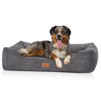 Ein glücklicher Australian Shepherd, der auf einem plüschigen grauen Haustierbett mit gerippter Textur liegt, mit einem kleinen Lederetikett, auf dem "KNUFFELWUFF" steht.
