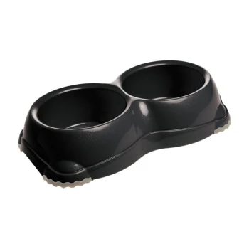 Black double pet food bowl with a non-slip base, designed for feeding dogs or cats.