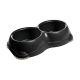 Black double pet food bowl with a non-slip base, designed for feeding dogs or cats.
