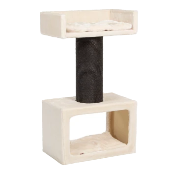 Katzenbaum mit einem plüschigen oberen Platz, einem mit Sisal umwickelten Kratzbaum und einem gemütlichen Versteck unten, in Creme- und Schwarztönen.