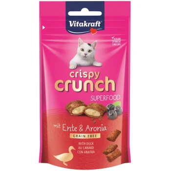 Crispy Crunch Ente und Aronia 8x60 g Verpackung von Crispy Crunch Superfood Katzenleckerlis mit pinkem Hintergrund, knusprigen Leckerlis, Heidelbeeren und dem Text "mit Ente & Aronia, getreidefrei".