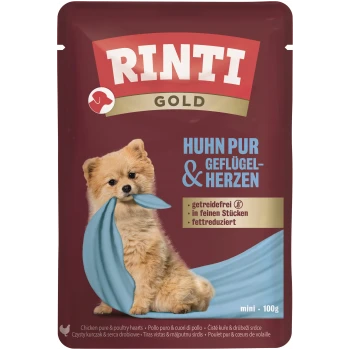 RINTI Gold-Beutel mit kleinem flauschigen Hund, der ein blaues Tuch hält; Text: 'HUHN PUR & GEFLÜGEL-HERZEN', 'getreidefrei', mini 100g