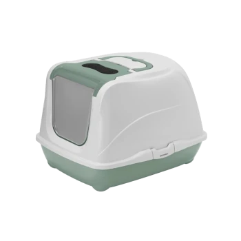 Witte en groene kattenbak met een voorinvoer en een handvat bovenop voor gemakkelijk dragen.