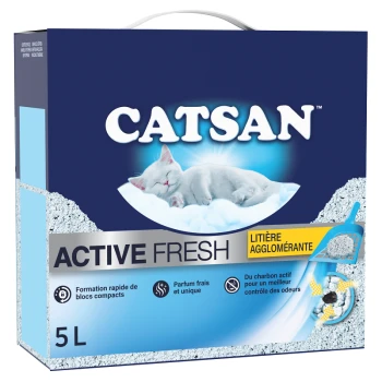 Catsan Active Fresh kattenbakvulling verpakking, met een afbeelding van een slapende kat, met tekst die geurcontrole en compacte klontering benadrukt.