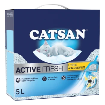 Emballage de litière pour chat Catsan Active Fresh, présentant un graphique de chat endormi, avec du texte mettant en avant le contrôle des odeurs et le regroupement compact.