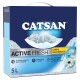 Emballage de litière pour chat Catsan Active Fresh, présentant un graphique de chat endormi, avec du texte mettant en avant le contrôle des odeurs et le regroupement compact.