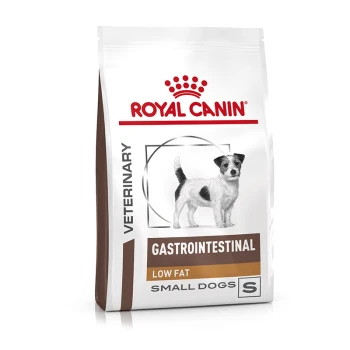 Royal Canin Veterinary Gastrointestinal Low Fat Hundefutter für kleine Hunde, mit einem Bild eines kleinen Hundes auf der Verpackung.