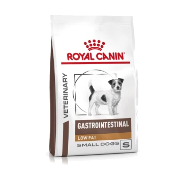 Karma dla psów Royal Canin Veterinary Gastrointestinal Low Fat dla małych psów, z wizerunkiem małego psa na opakowaniu.
