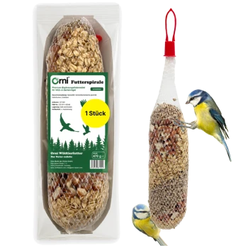 Orni Futterspirale verpacktes Vogelfutter mit gelbem '1 Stück' Etikett (470 g) und einer Netz‑Samenspirale, aufgehängt mit zwei Blaumeisen.