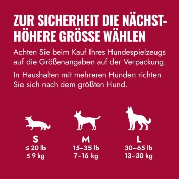 Größengrafik für Zoofachhandel mit deutscher Überschrift 'Zur Sicherheit...' zeigt Hundesilhouetten in S/M/L und Gewichtsspannen in lb/kg.