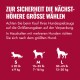Größengrafik für Zoofachhandel mit deutscher Überschrift 'Zur Sicherheit...' zeigt Hundesilhouetten in S/M/L und Gewichtsspannen in lb/kg.