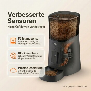 Schwarzer automatischer Trockenfutterspender mit transparentem Vorratstrichter; deutsche Überschrift 'Verbesserte Sensoren' und Funktionsbeschriftungen.