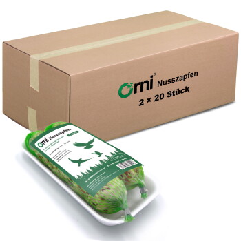 Karton mit Aufdruck 'Orni Nusszapfen 2 x 20 Stück' und einer Schale grüner, netzverpackter Futterzapfen mit Aufschrift 'Orni Nusszapfen'.