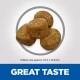 Four round pet food kibbles displayed in a circular frame, with text "Kibble size approx. 10.5 x 12.5mm" and "GREAT TASTE" below.