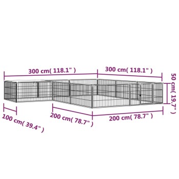 Diagramm eines Spielgeheges für Haustiere mit beschrifteten Abmessungen: 300 cm (118,1") breit, 200 cm (78,7") lang und 50 cm (19,7") hoch.