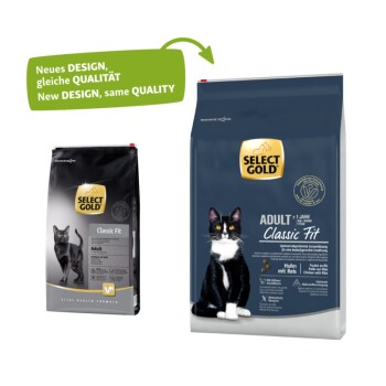 Deux sacs de nourriture pour chats Select Gold : un avec le design "Classic Fit", l'autre ancien. Le texte dit "NOUVEAU DESIGN, même QUALITÉ," avec du poulet et du riz.