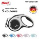 Laisse pour chien Flexi noire avec une prise confortable, disponible en 5 couleurs. Texte : "NOUVEAU CONFORT" et "Disponible en 5 couleurs."