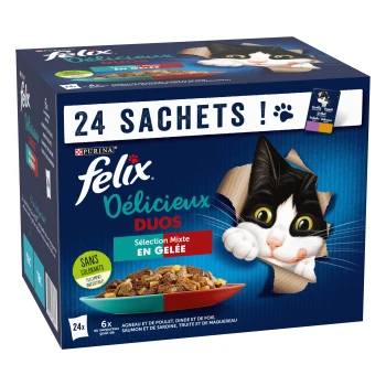 Boîte de nourriture pour chats Purina Felix Délicieux Duos — «24 SACHETS !», «Sélection Mixte EN GELÉE», avec le visage d'un chat noir et blanc qui dépasse de l'emballage.