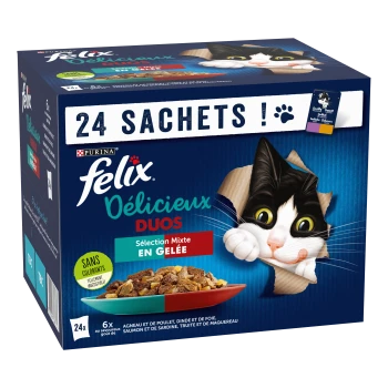 Boîte de nourriture pour chats Purina Felix Délicieux Duos — «24 SACHETS !», «Sélection Mixte EN GELÉE», avec le visage d'un chat noir et blanc qui dépasse de l'emballage.