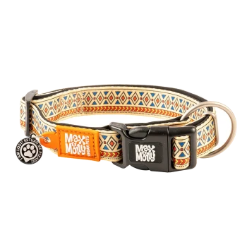 Hundehalsband mit geometrischem Muster, schwarzer Schnalle und Anhängern mit der Aufschrift "Max & Molly Urban Pets" und "Ich bin verloren! Bitte bring mich zurück!"