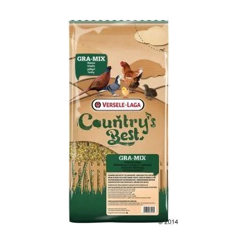 Eine Tüte Versele-Laga Country's Best Gra-Mix Haustierfutter mit Bildern von Vögeln und Kleintieren, grünem Etikett und Nährwertinformationen auf der Rückseite.