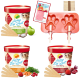 Bild von Hundeeisprodukten mit drei Geschmacksrichtungen: Cool Apple, Cool Carrot und Cool Berry, mit einer pfotenförmigen Eisform und Holzstäbchen.