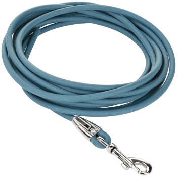 Aufgerollte blaue Silikon-Hundleine mit silbernem Drehwirbel-Snap-Haken; kein sichtbarer Text.