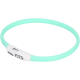 Un collier pour animal de compagnie vert menthe avec un interrupteur blanc marche/arrêt, conçu pour la visibilité et la sécurité lors des promenades nocturnes.