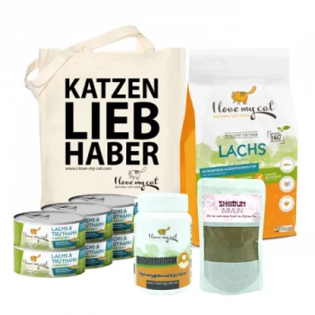 Katzenprodukte: Tragetasche mit "KATZEN LIEB HABER", Dosen mit Lachs- und Truthahnfutter, Trockenfutter mit Lachs und Katzensupplementen.