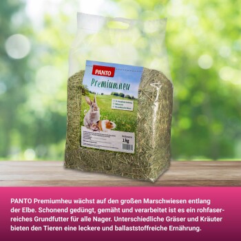 PANTO Premiumhay Verpackung mit einem Kaninchen und einem Meerschweinchen, beschriftet mit "1 kg" und Details über den Nährstoffgehalt für kleine Tiere.