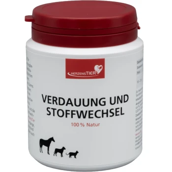 Weißer und roter Behälter des HerzensTier Heimtierergänzungsmittels für Verdauung und Stoffwechsel, beschriftet mit "Verdauung und Stoffwechsel 100% Natur" und Tier-Icons.