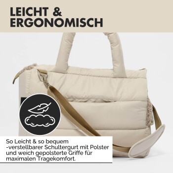 Beige, leichtgewichtige und ergonomische Transporttasche für Haustiere mit verstellbarem, gepolstertem Schultergurt und weichen Griffen für maximalen Komfort.