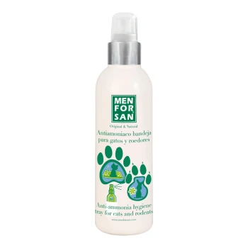 Flasche mit MENFORSAN Anti-Ammoniak-Hygienespray für Katzen und Nagetiere, mit grünen Pfotenabdrücken und Text in Spanisch und Englisch.