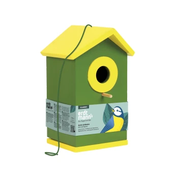 Bunter Nistkasten grün Grünes und gelbes Kiefern-Vogelhaus mit rundem Eingang und Sitzstange, beschriftet mit „erdt mann's classic pine nesting box“ und Vogelillustration.