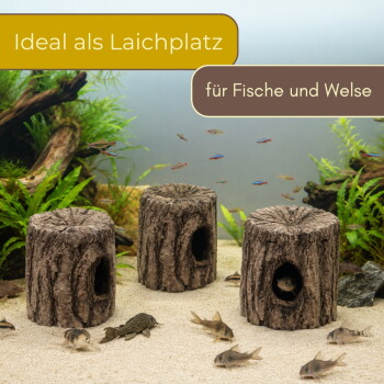 Drei hohle Stamm-Höhlen im Aquarium auf Sand mit kleinen Fischen und Welsen; Text 'Ideal als Laichplatz' 'für Fische und Welse'.