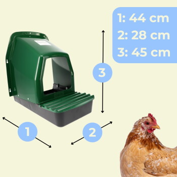 Grüne Kunststoff-Hühnernestbox mit geriffeltem Eingangsbereich, Maßangaben '1: 44 cm, 2: 28 cm, 3: 45 cm' und einer braunen Henne.