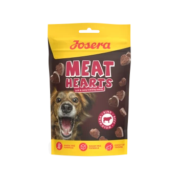 Josera Meat Hearts Hundetrainingssnacks-Packung mit herzförmigen Rindherzen; Aufschrift: 'Weiche und schmackhafte Trainingssnacks'.