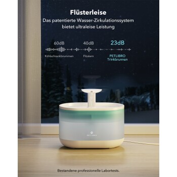 Ein eleganter PETLIBRO Trinkbrunnen für Haustiere mit einem leisen 23dB Zirkulationssystem, beschriftet mit "Flüsterleise."