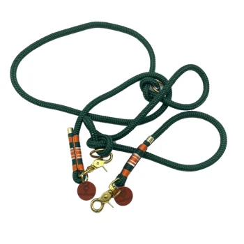 Grüne doppelte Hundeleine mit orangefarbenen und schwarzen gestreiften Griffen und goldenen Verschlüssen, mit runden Lederanhängern mit dem Logo "WILDBRANDS".