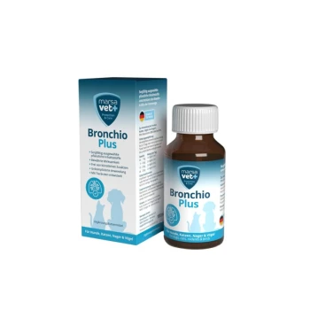 Flasche mit Bronchio Plus für Haustiere, mit einem blau-weißen Etikett, neben seiner Box mit Text über die Vorteile für Hunde, Katzen, Nagetiere und Vögel.