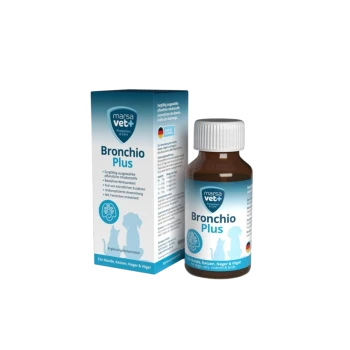 Flasche mit Bronchio Plus für Haustiere, mit einem blau-weißen Etikett, neben seiner Box mit Text über die Vorteile für Hunde, Katzen, Nagetiere und Vögel.