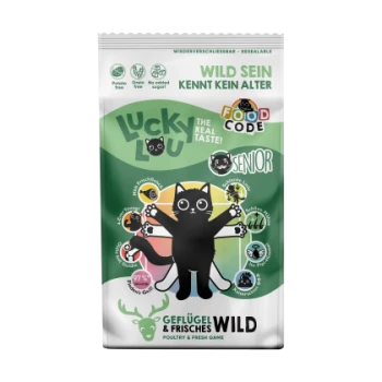 Eine Tüte Lucky Lou Senioren-Katzenfutter mit einer verspielten schwarzen Katzen-Grafik und Text: "Der echte Geschmack!" und "Geflügel & frisches Wild."