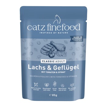 Catz Finefood Classic Adult Katzenfutterbeutel, Lachs & Geflügel mit Tomaten & Spinat, getreidefrei, 85g, hergestellt in Deutschland.