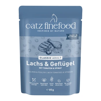 Catz Finefood Classic Adult Katzenfutterbeutel, Lachs & Geflügel mit Tomaten & Spinat, getreidefrei, 85g, hergestellt in Deutschland.