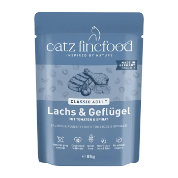 Catz Finefood Classic Adult Katzenfutterbeutel, Lachs & Geflügel mit Tomaten & Spinat, getreidefrei, 85g, hergestellt in Deutschland.