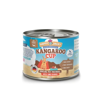 Eine Dose Happy Jacky Kangaroo Cup Hundefutter, mit einem Känguru-Maskottchen und gekennzeichnet als hypoallergen, getreidefrei und zuckerfrei.